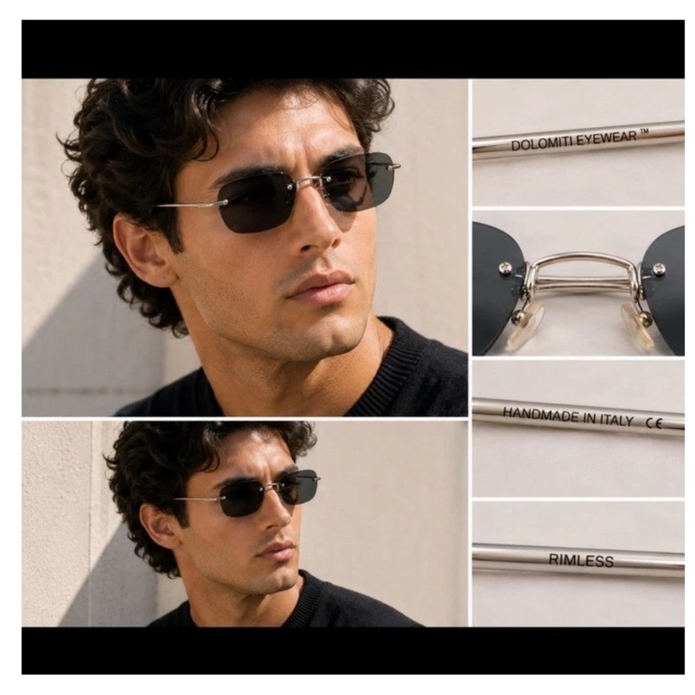VTG Dolomiti Eyewear Rimless Frames Silver Cable Temple Handmade Italy OS
